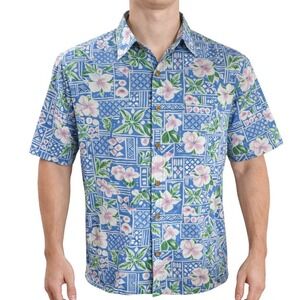 Makapuu Hawaiian Aloha Shirt Large Tribal Symbols Floral Reverse Print Blue